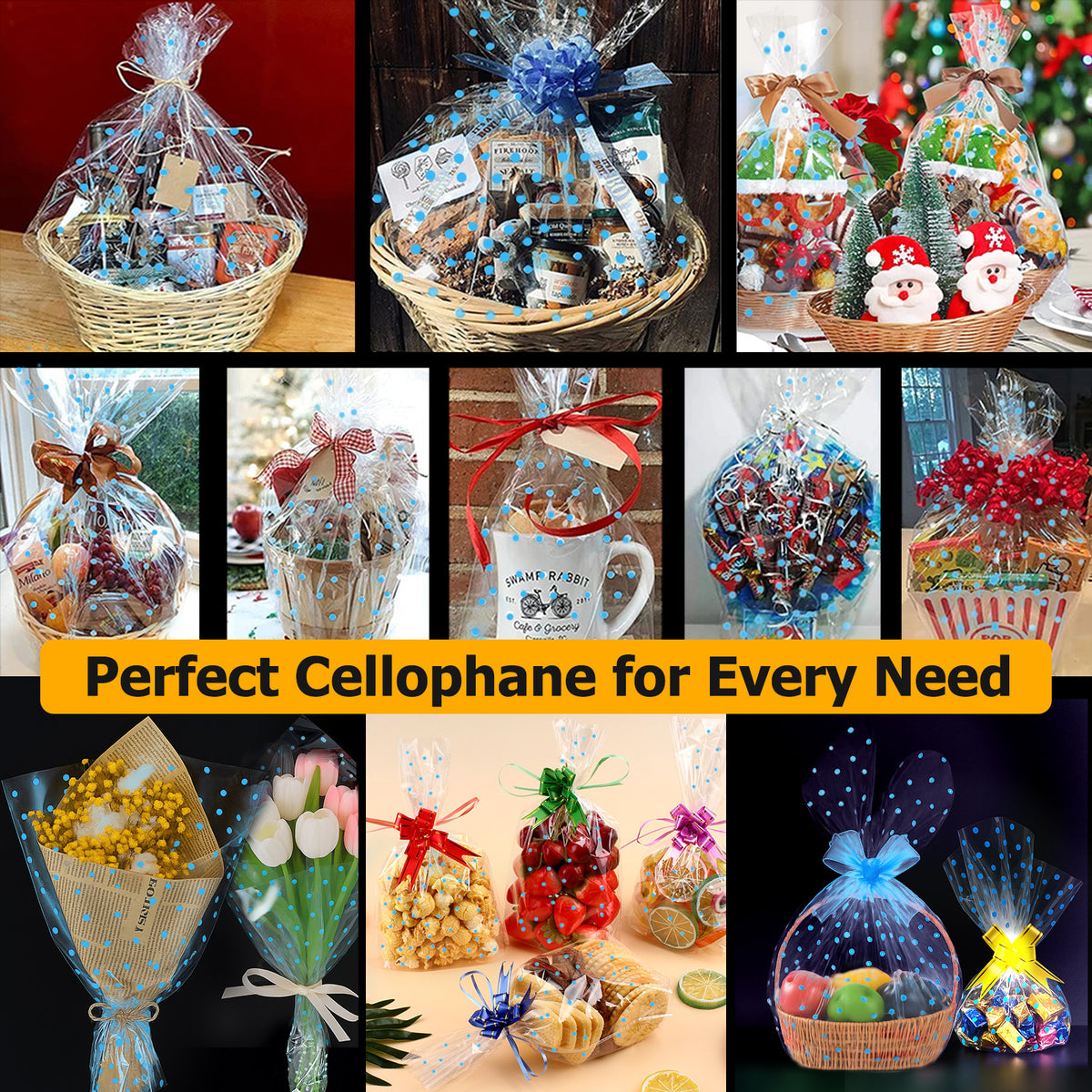 Clear Blue Polka Dot Cellophane Wrap Paper Roll application