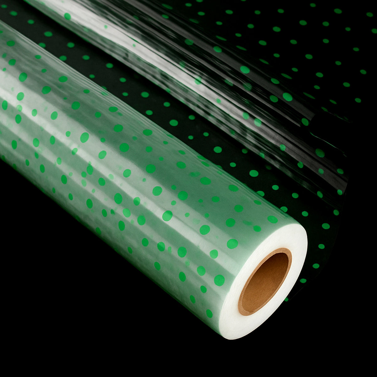 clear green polka dot cellophane paper roll