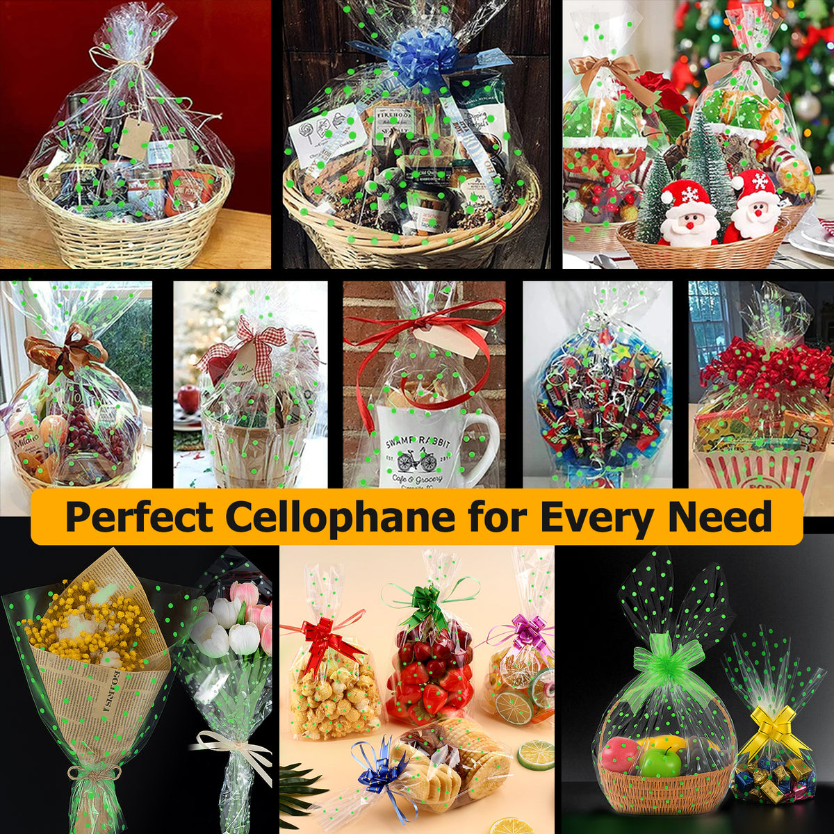 clear green polka dot cellophane paper roll application