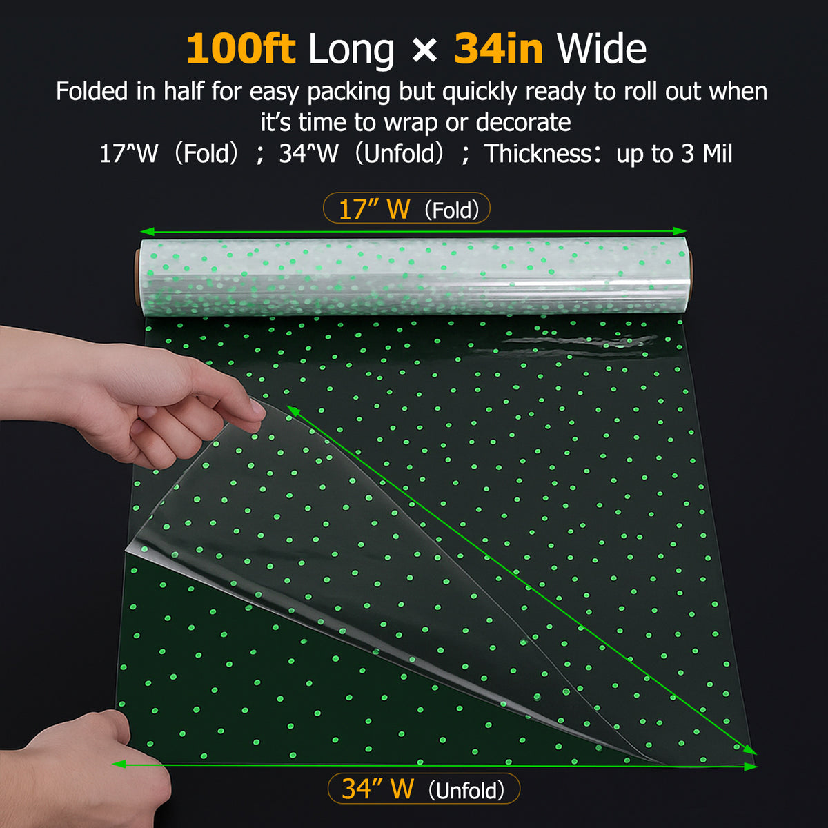 clear green polka dot cellophane paper roll size