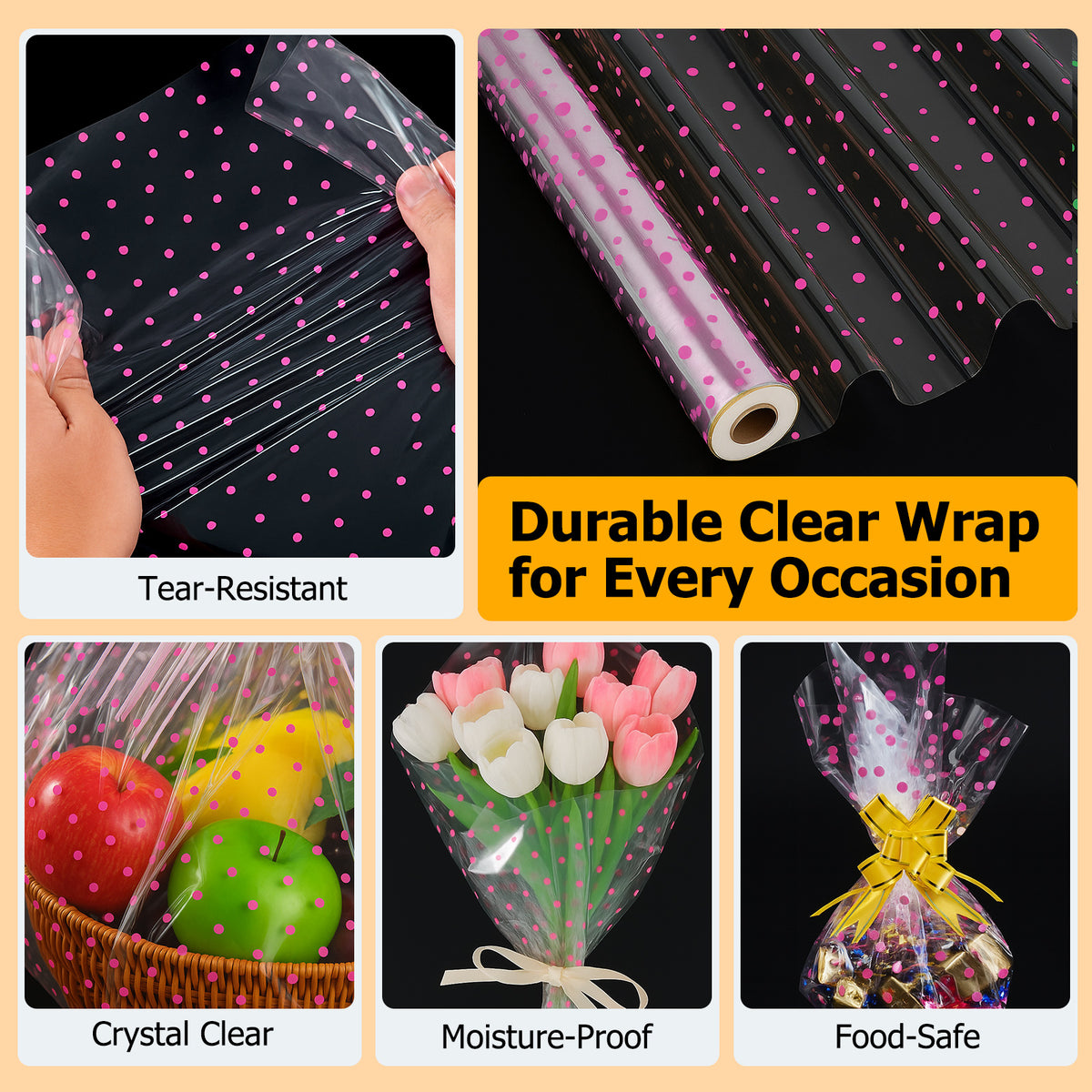 clear pink polka dot cellophane wrapping paper roll advantage