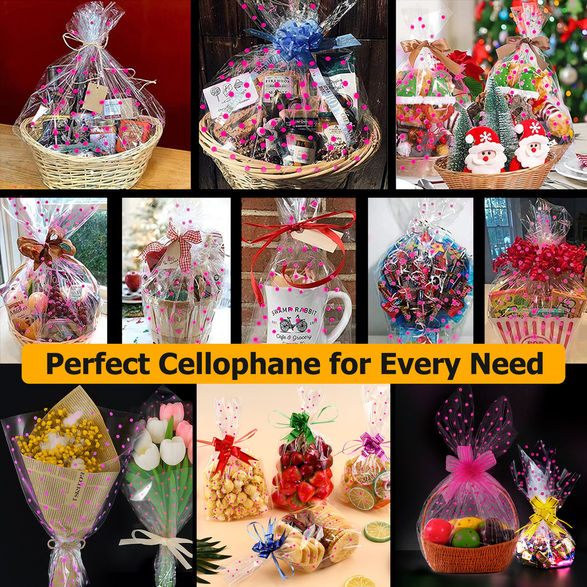 clear pink polka dot cellophane wrapping paper roll application