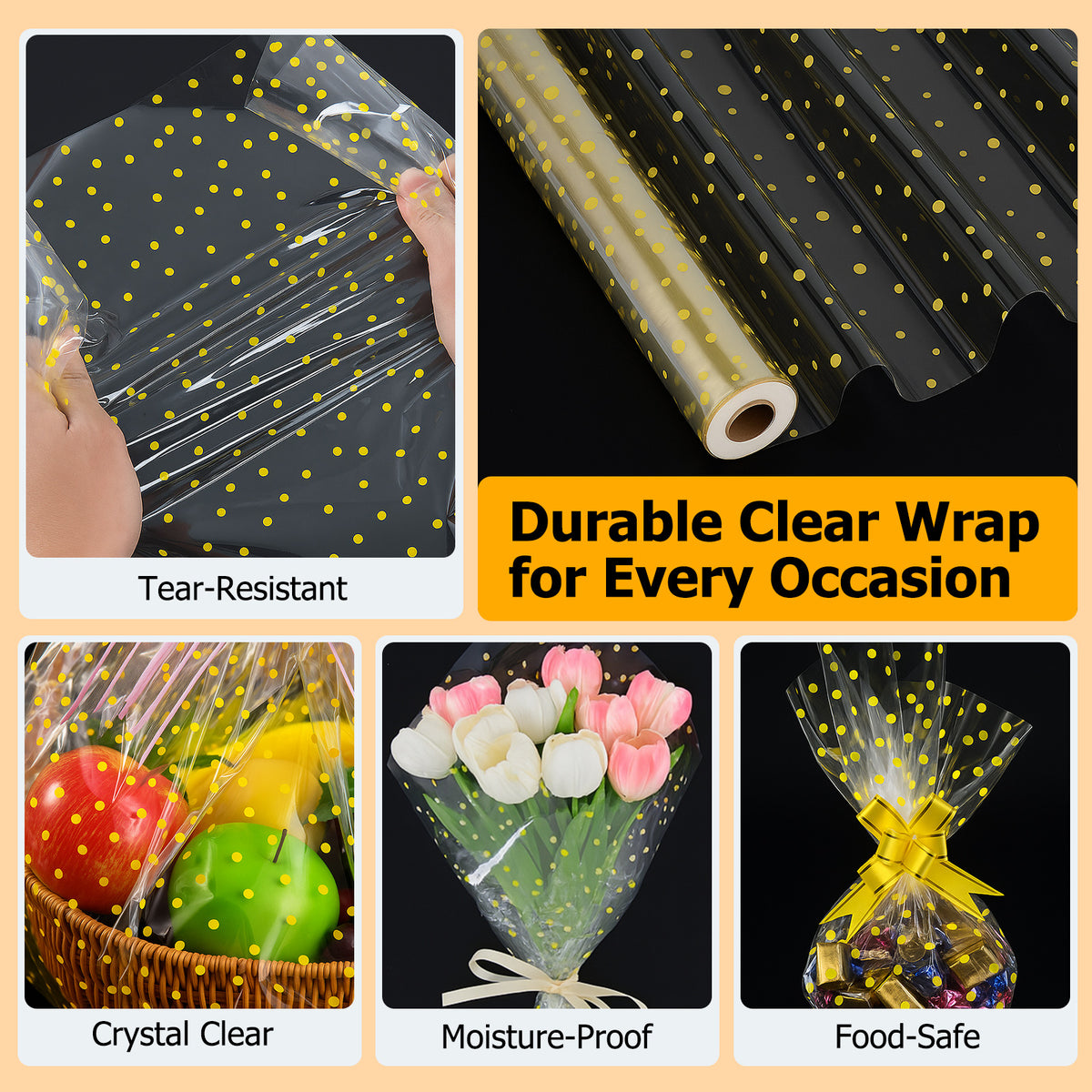 clear yellow polka dot cellophane wrap paper roll advantage