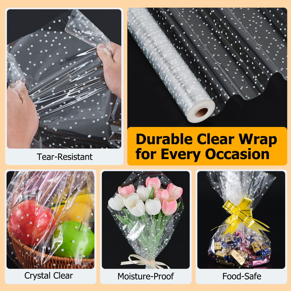 white polka dot cellophane wrap roll advantage