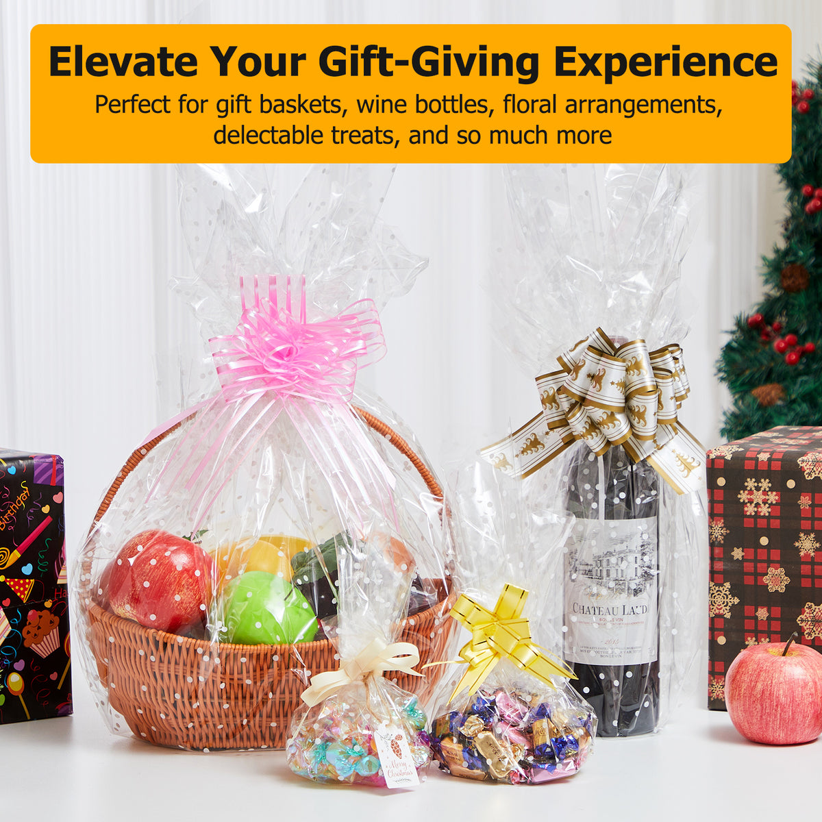 white polka dot cellophane wrap roll for gift baskets