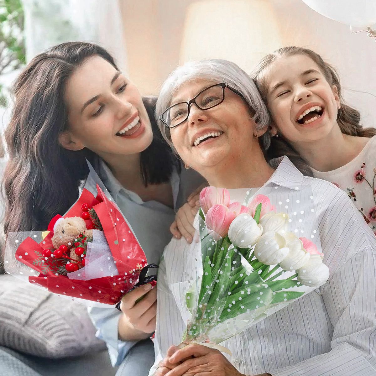 white polka dot cellophane wrap roll for mother's day gift